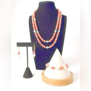 Vintage and Rare Angel Skin Coral Necklace, Bracelet & Earrings Set